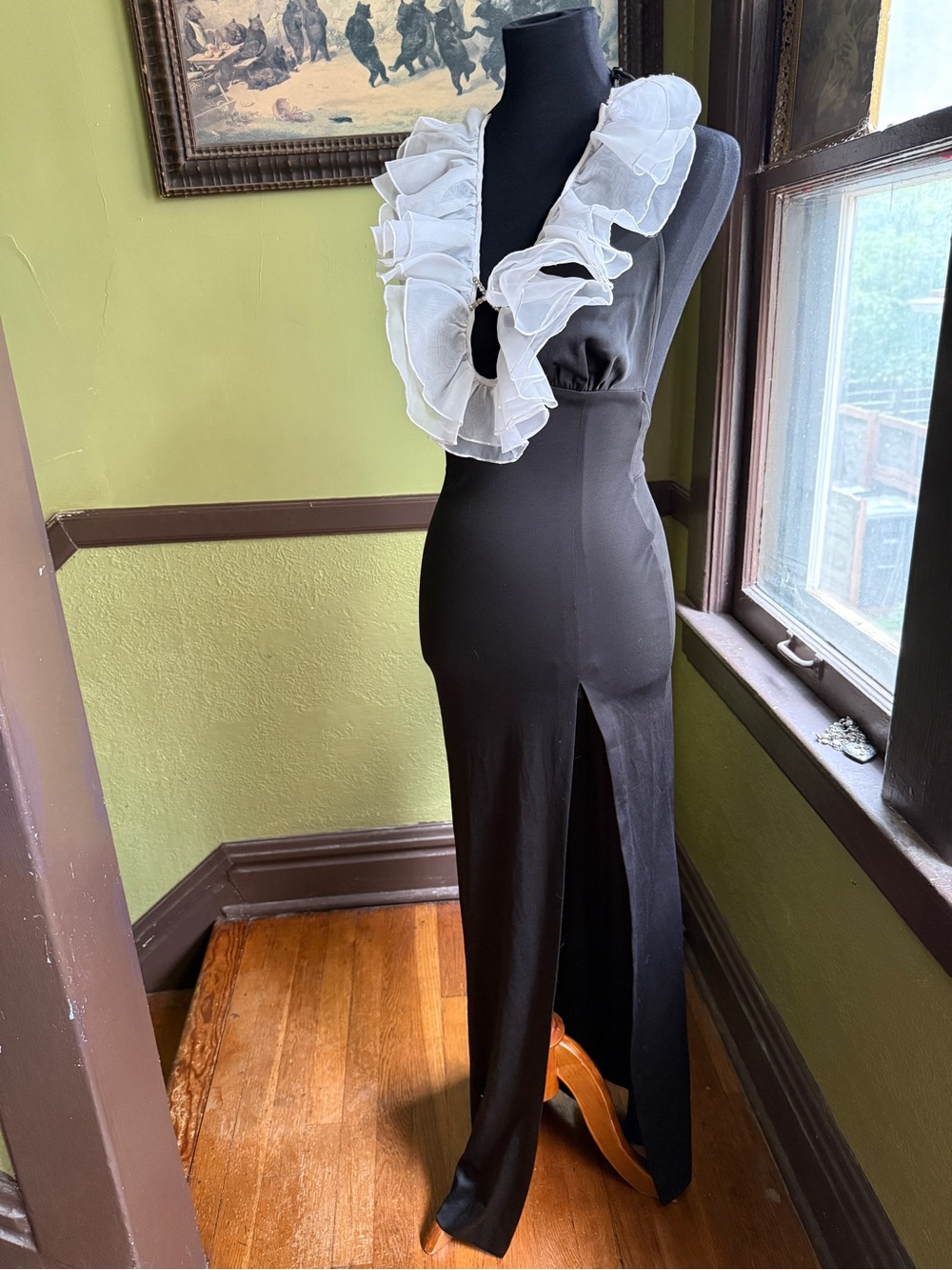 Vtg 1970s Black Maxi Dress with White Ruffle V-Neck